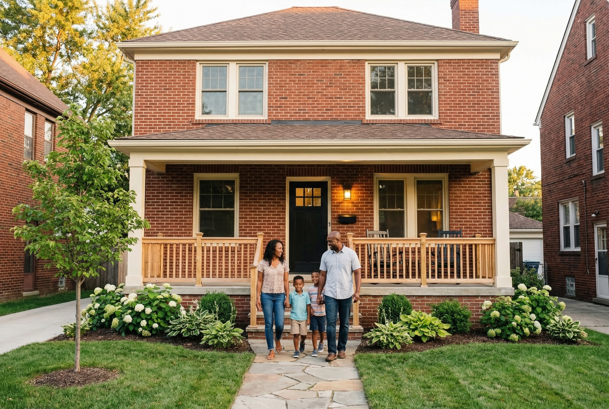 Family approaching their new home